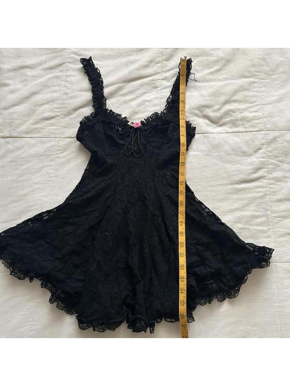 Black lace babydoll dress with pink rose and beaded details Size small - Picture 7 of 8
